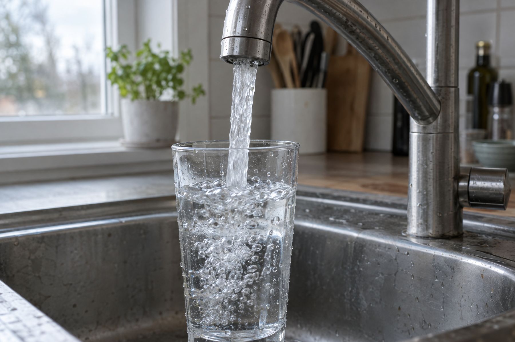 Et glas bliver fyldt med vand fra en køkkenhane