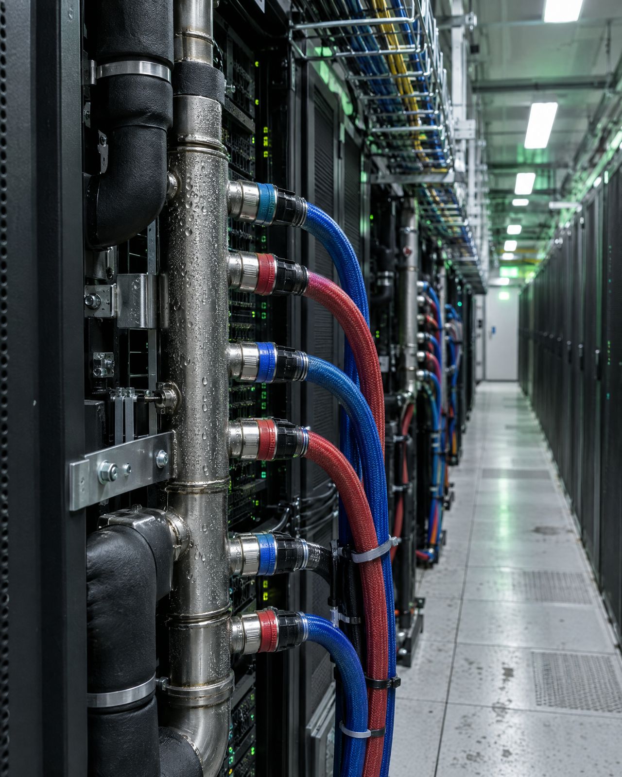 Kølerør med blå og røde slanger langs serverskabe i et datacenter