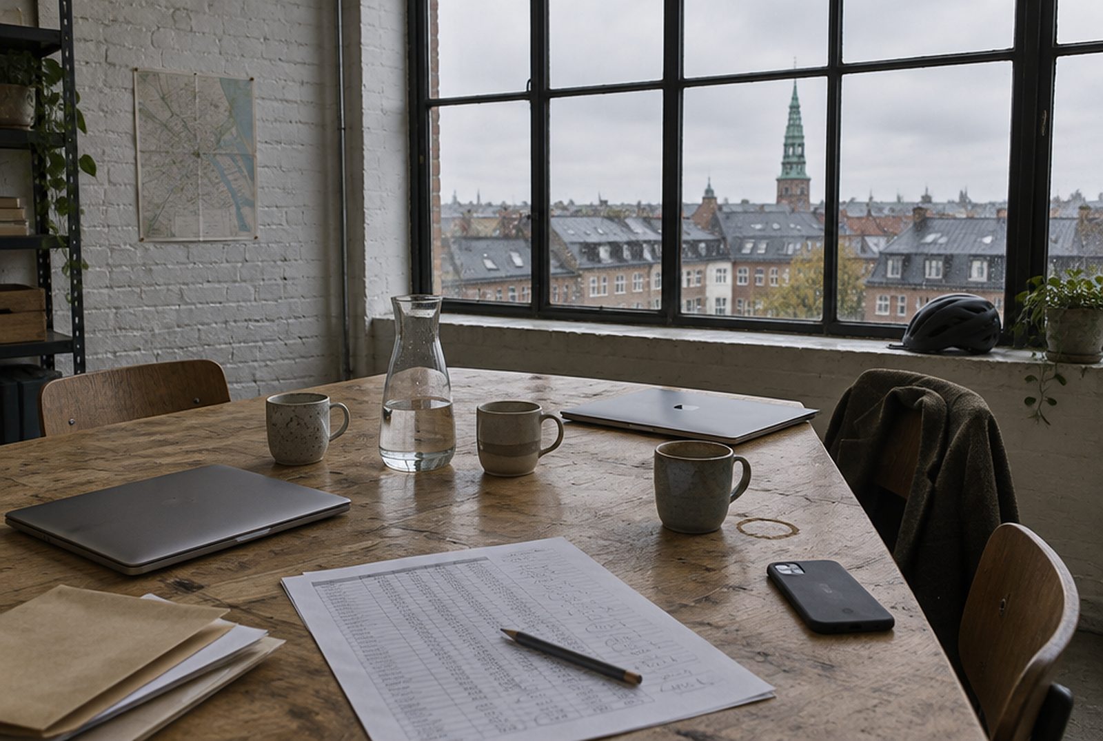 Tomt mødelokale i København med et langt egetræsbord, lukkede bærbare computere, en vandkaraffel og udskrifter, og udsigt over tagene